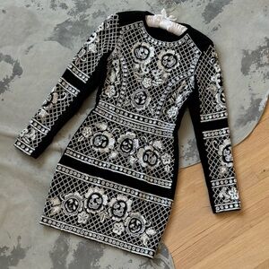 Needle & Thread black and white beaded embellished long sleeve mini dress sz 2